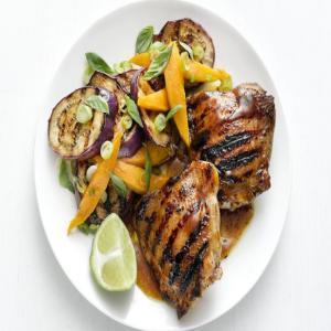 Grilled Honey Chicken Thighs with Eggplant Mango Salad_image
