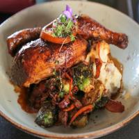 Asian Beer Can Chicken with Wok-Fried Bacon Brussels Sprouts and Horseradish Mashed Potatoes_image