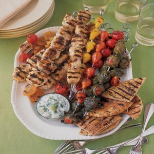 Zahtar Chicken Kabobs with Grape-Leaf-Wrapped Tomatoes and Grilled Apricots_image
