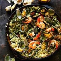 Green Rice with Garlic, Parsley, Clams & Prawns - Chef Recipe by Rick Stein_image