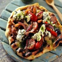 Grilled Pizza with Hot Sausage, Grilled Peppers and Onions and Oregano Ricotta image