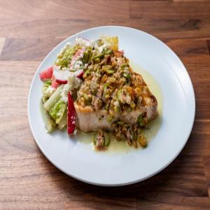 Grilled Swordfish with Olive, Pine Nut and Golden Raisin Relish and Grilled Romaine Salad with Sumac Honey Vinaigrette_image
