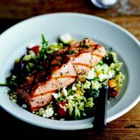 Grilled Salmon with Orzo, Feta, and Red Wine Vinaigrette image