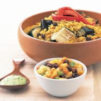 Curried Couscous with Roasted Vegetables, Peach Chutney, and Cilantro Yogurt_image