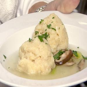 Lemongrass Consommé with Matzoh Balls, Leeks, and Shiitake Mushrooms Recipe | Epicurious.com_image
