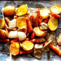 Roasted Potatoes, Onions, and Carrots with Brown Sugar and Balsamic Vinegar image