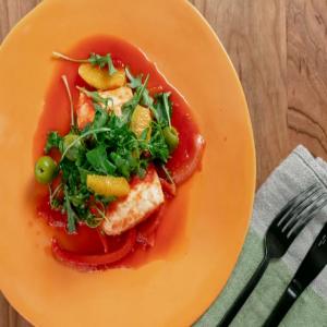 Tomato-Poached Halibut with Arugula, Olive and Orange Salad_image
