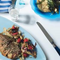 Roasted Striped Bass with Fennel, Tomatoes, and Oil-Cured Olives image