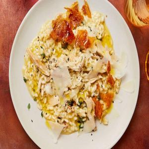 Roast chicken risotto with chicken crackling_image