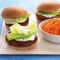 Mediterranean Veggie Burgers with Mint-Yogurt Sauce and Carrot Salad image
