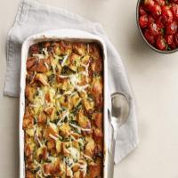 Caramelized Onion, Spinach and Gruyere Strata with Sauteed Cherry Tomatoes_image