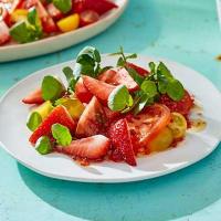 Strawberry, tomato & watercress salad with honey & pink pepper dressing image