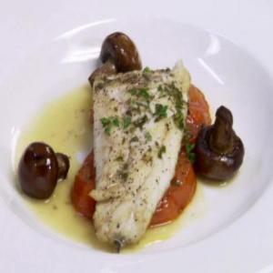 Branzino with Roasted Tomatoes, Olive Oil Poached Mushrooms image