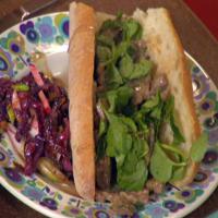 Sliced Steak Stroganoff in French Bread and Dill Relish Dressed Salad_image