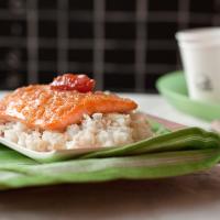 Scottish Salmon with Shallot-Truffle Honey Glaze, Lump Crab and Green Apple Risotto, and Quince Jam_image