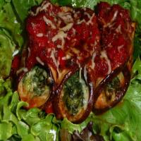 Gorgonzola Stuffed Eggplant Rolls With Mushroom Tomato Sauce image