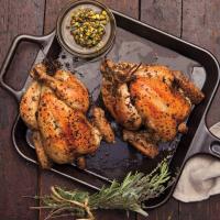 Roast Chickens with Pistachio Salsa, Peppers, and Corn_image