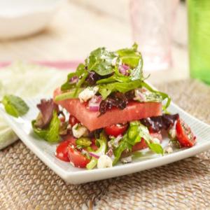 Layered Watermelon, Tomato and Mixed Greens Salad with Feta Cheese_image