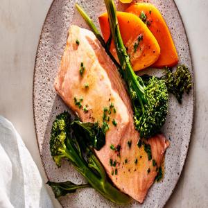 Easy Steamed Salmon with Sweet Potatoes and Broccolini image