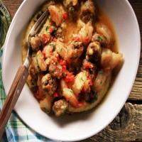 Sausage, Shrimp and Peppers over Cheesy Grits_image