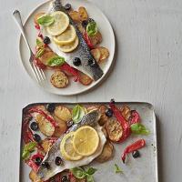 Roast sea bass & vegetable traybake image