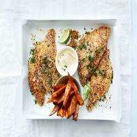 Quinoa, Lime and Chili-Crumbed Snapper With Sweet Potato Wedges image