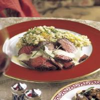 Grilled Beef Tenderloin with Roasted Garlic Sauce and Leek-Tomato Quinoa_image