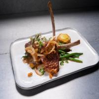 Seared Lamb Chops with Roasted Radishes and Haricots Verts, Black Olives, Pine Nuts, Fennel and Scalloped Potato Cake with Goat Cheese and Dill_image
