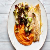 Barramundi Fillets with Roasted Sweet Potatoes and Brussels Sprout Chips image