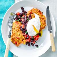 Sweetcorn fritters with eggs & black bean salsa image