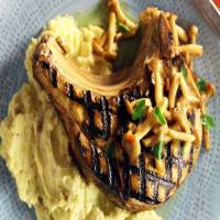 Pickle-Brined Pork Chops with Mushroom Escabeche and Smashed Potatoes image