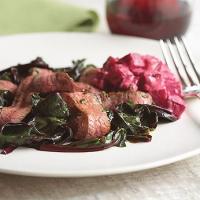 Grilled Flank Steak with Sauteed Beet Greens and Creamy Horseradish Beets image