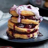 Fluffy almond pancakes with blueberry ripple yogurt image