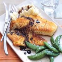 Tilapia with Balsamic Butter Sauce, Thyme Mashed Potatoes, and Sugar Snap Peas_image