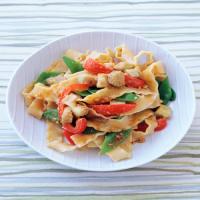 Pasta with Eggplant, Snow Peas, Bell Pepper, and Ginger Peanut Sauce image