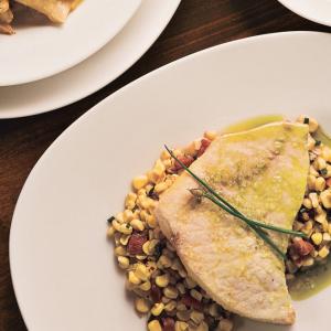 Oil-Poached Swordfish with White Corn, Guanciale and Chive Oil_image