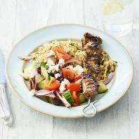 Pork souvlaki with Greek salad & rice_image