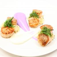 Sautéed Sea Scallops with Apple-Sesame Couscous and Purple and Yellow Cauliflower Purées image