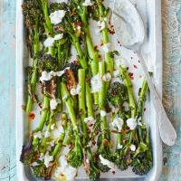 Purple sprouting broccoli with preserved lemon dip image