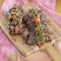 Grilled Skirt Steak with a Salsa-like Sauce Made of Charred Long Hot Peppers, Garlic, Anchovy, Lemon Zest and Olive Oil_image