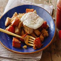 Poached Eggs with Herb-Roasted Turkey Breast and Sweet Potato Hash image