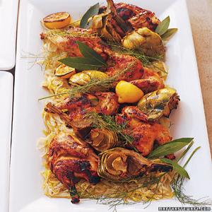 Grilled Coriander-Pepper Poussins with Leeks and Fennel_image