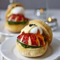 Lobster muffins with poached egg, caviar, spinach & hollandaise image