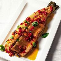 Oven-poached salmon with sweet pepper & basil sauce image