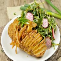 Swedish-Style Hasselback Potatoes With Caramelized Onions and Dijon-Dressed Salad_image