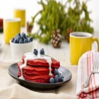 Red Velvet Pancakes with Coconut Syrup and Blueberries image