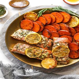 Honey Rosemary Baked Salmon with Sweet Potatoes - Two Peas & Their Pod_image