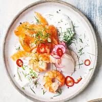 Asian cured salmon with prawns, pickled salad & dill lime crème fraîche image