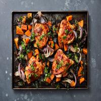 Spicy Sheet-Pan Chicken With Sweet Potatoes and Kale image