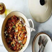 Chicken Thighs with Tomato, Orzo, Olives, and Feta Recipe image